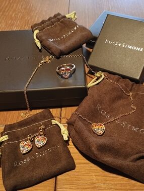 Ross + Simons Murano Floral Mosaic Heart Set Necklace, Earrings & Ring Sz. 9